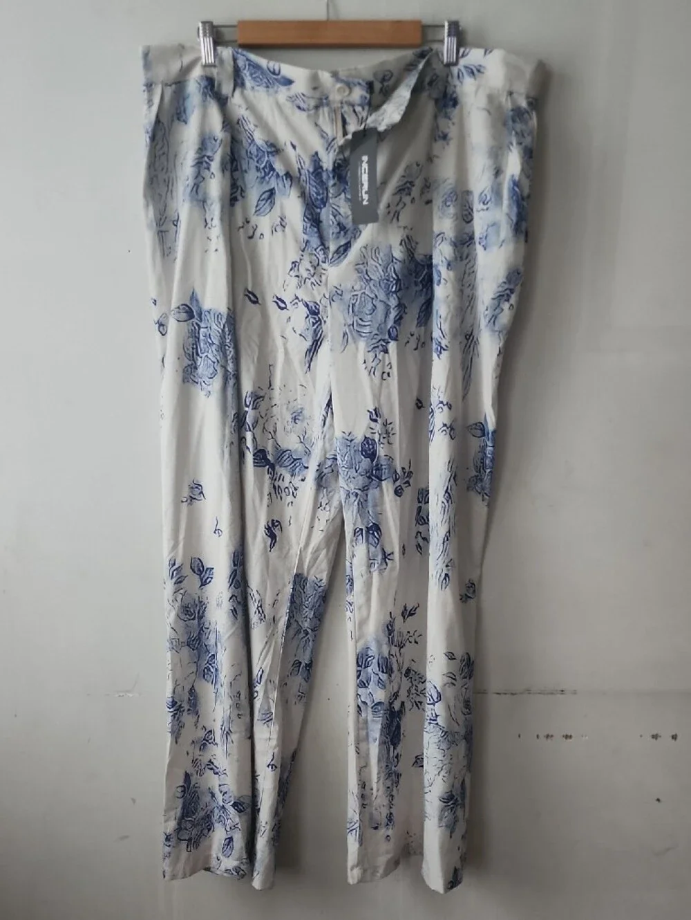 Men's White Floral Dress Pants with Blue Print